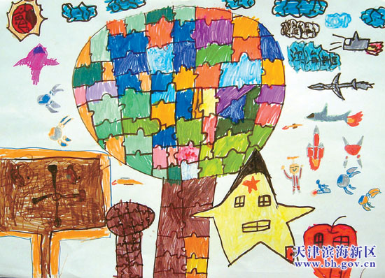 滨海新区小学生绘画大赛作品:《环保拼图树屋