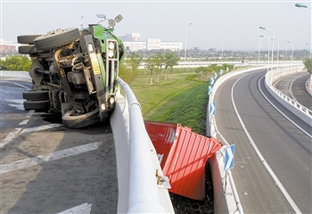 天津:集装箱货车复康路立交桥翻车 司机被困-翻