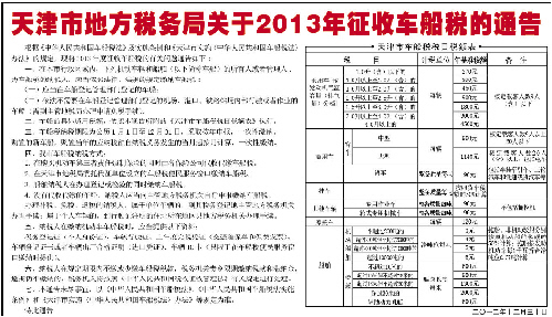 天津市地方税务局关于2013年征收车船税的通