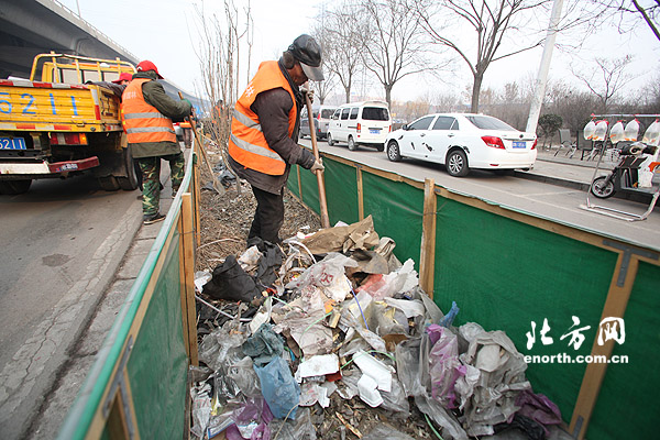 北辰區鐵東路綠化帶變垃圾場 園林工集中清掃