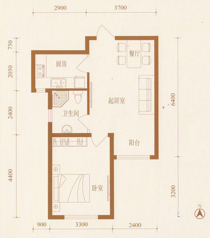 金泰丽湾6026平米a户型一室二厅一卫