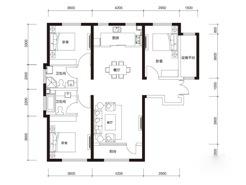 中国塘高层d1户型三室二厅二卫一厨 136㎡