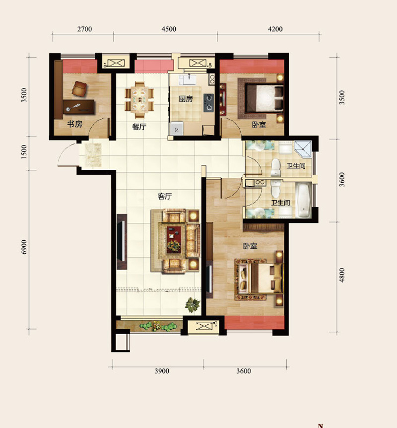 国耀上河城b2户型 三室两厅119平米