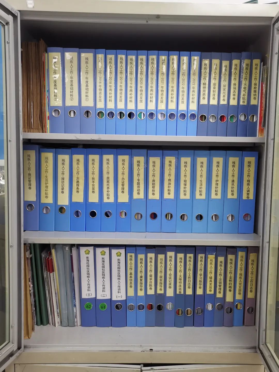一个个蓝色档案盒整齐地摆放好,上面标注好了每一项工作名称,可见他的